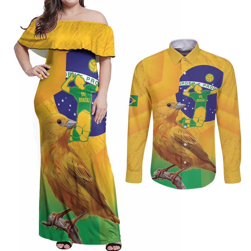 Brasil Volleyball Couples Matching Off Shoulder Maxi Dress and Long Sleeve Button Shirt Go Champions Canario-da-terra