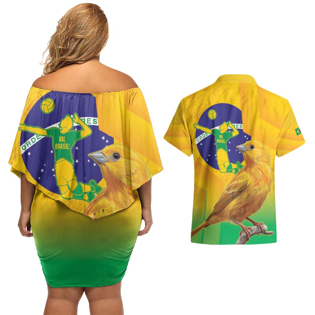 Brasil Volleyball Couples Matching Off Shoulder Short Dress and Hawaiian Shirt Go Champions Canario-da-terra