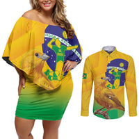 Brasil Volleyball Couples Matching Off Shoulder Short Dress and Long Sleeve Button Shirt Go Champions Canario-da-terra
