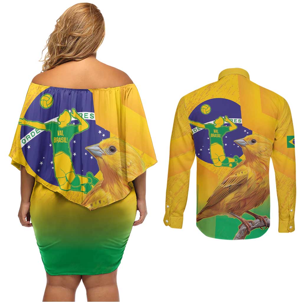 Brasil Volleyball Couples Matching Off Shoulder Short Dress and Long Sleeve Button Shirt Go Champions Canario-da-terra