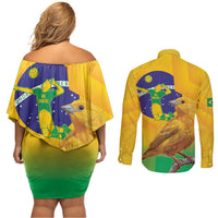 Brasil Volleyball Couples Matching Off Shoulder Short Dress and Long Sleeve Button Shirt Go Champions Canario-da-terra