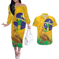 Brasil Volleyball Couples Matching Off The Shoulder Long Sleeve Dress and Hawaiian Shirt Go Champions Canario-da-terra