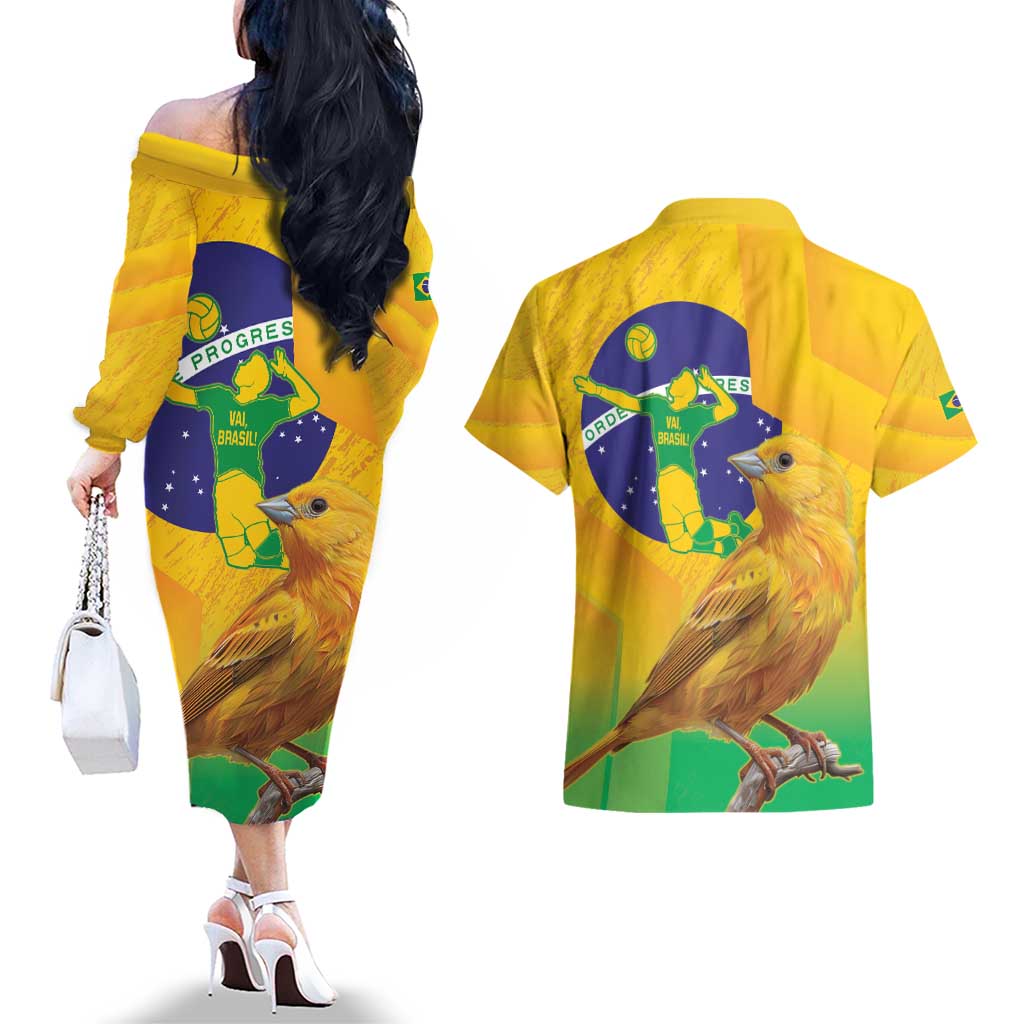 Brasil Volleyball Couples Matching Off The Shoulder Long Sleeve Dress and Hawaiian Shirt Go Champions Canario-da-terra