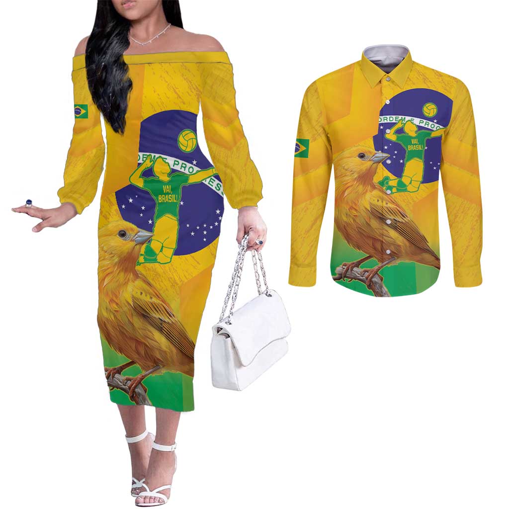 Brasil Volleyball Couples Matching Off The Shoulder Long Sleeve Dress and Long Sleeve Button Shirt Go Champions Canario-da-terra