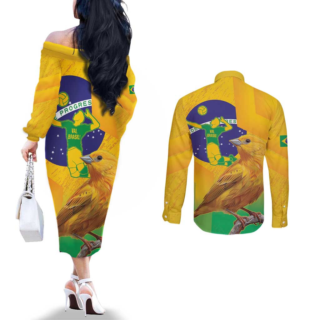 Brasil Volleyball Couples Matching Off The Shoulder Long Sleeve Dress and Long Sleeve Button Shirt Go Champions Canario-da-terra