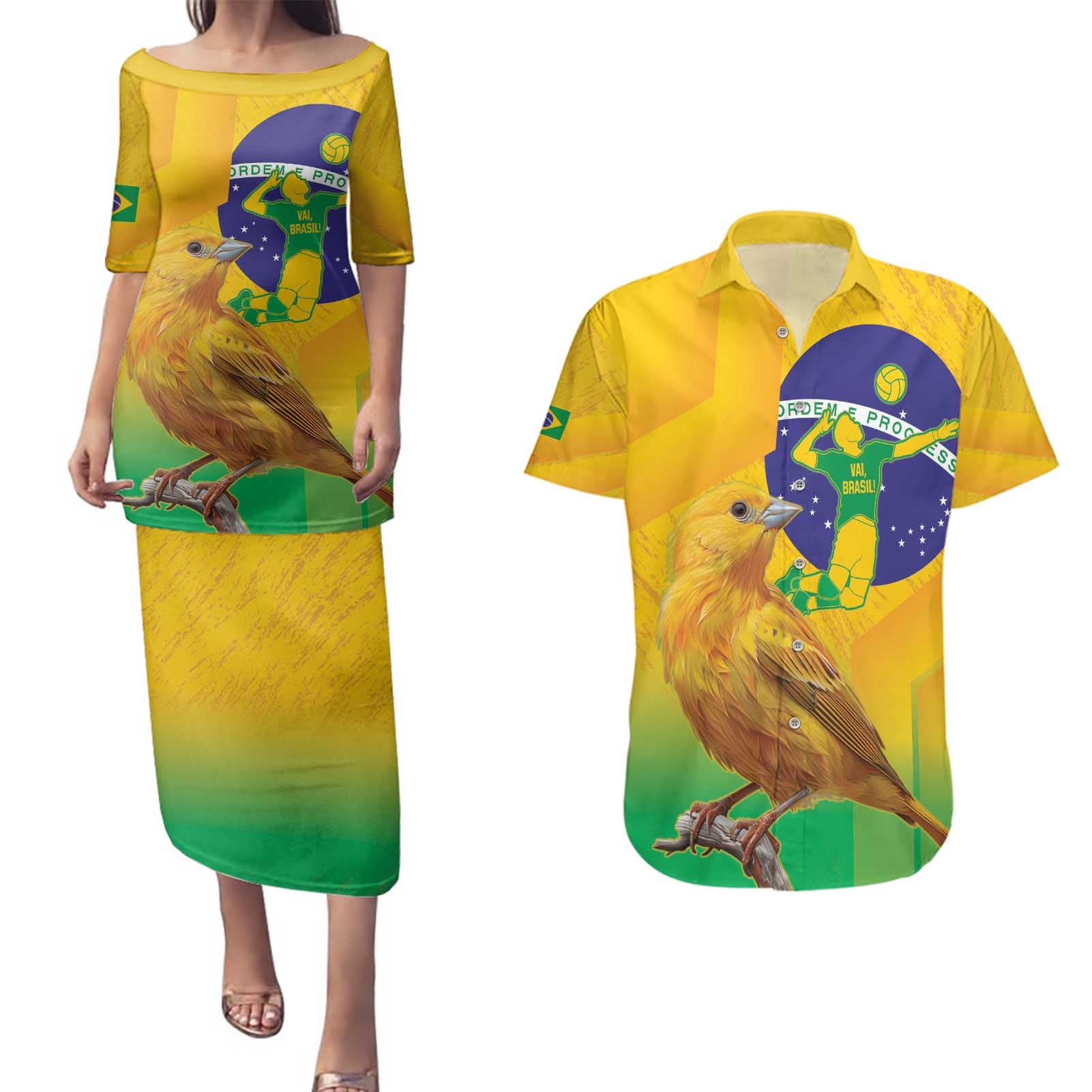 Brasil Volleyball Couples Matching Puletasi and Hawaiian Shirt Go Champions Canario-da-terra