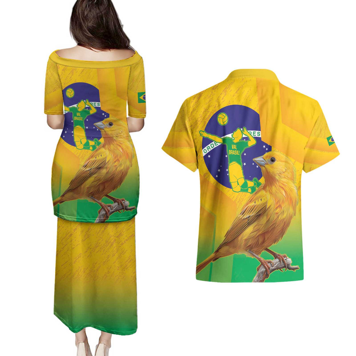 Brasil Volleyball Couples Matching Puletasi and Hawaiian Shirt Go Champions Canario-da-terra