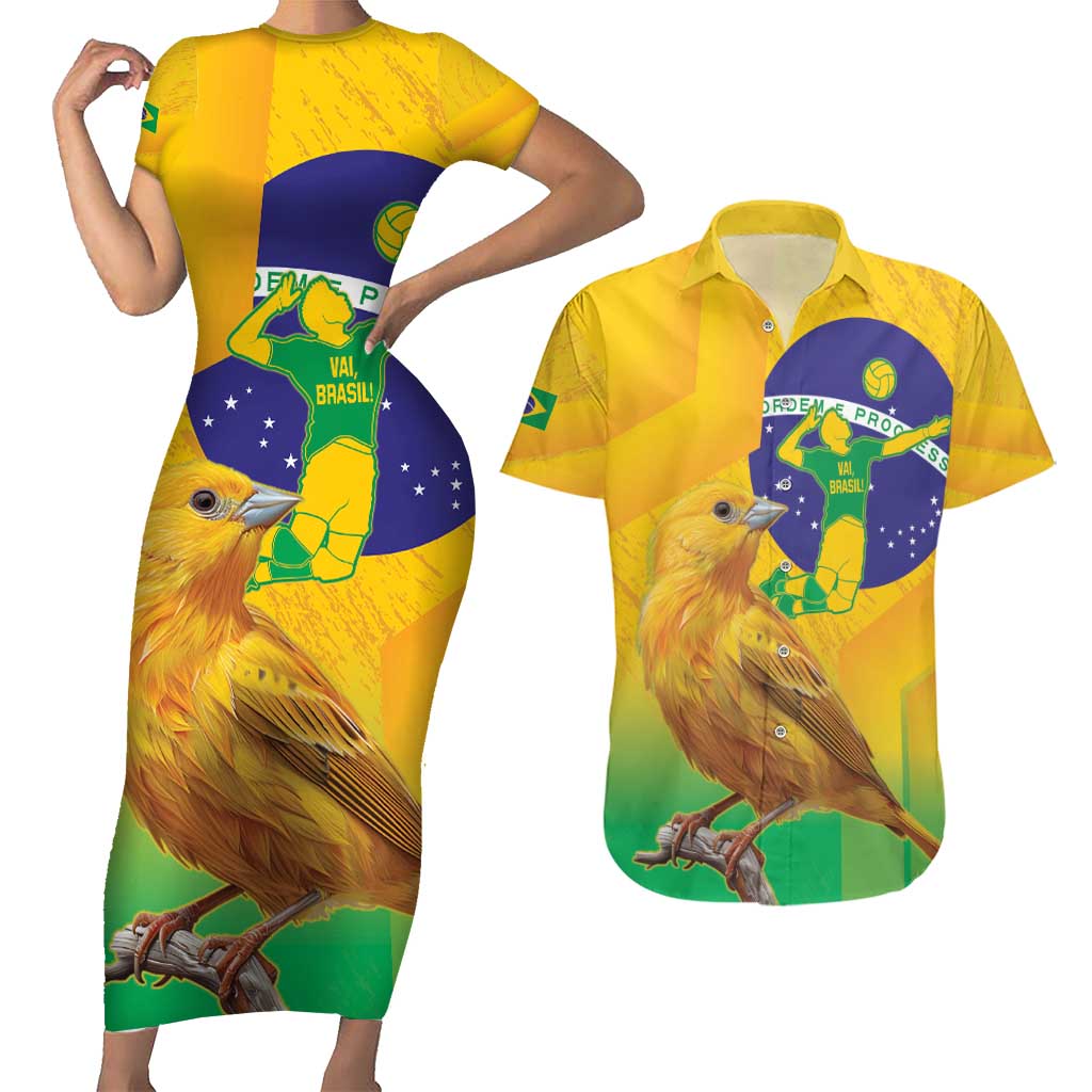 Brasil Volleyball Couples Matching Short Sleeve Bodycon Dress and Hawaiian Shirt Go Champions Canario-da-terra