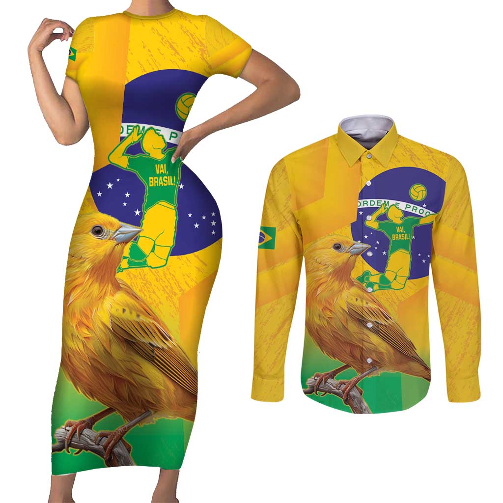 Brasil Volleyball Couples Matching Short Sleeve Bodycon Dress and Long Sleeve Button Shirt Go Champions Canario-da-terra