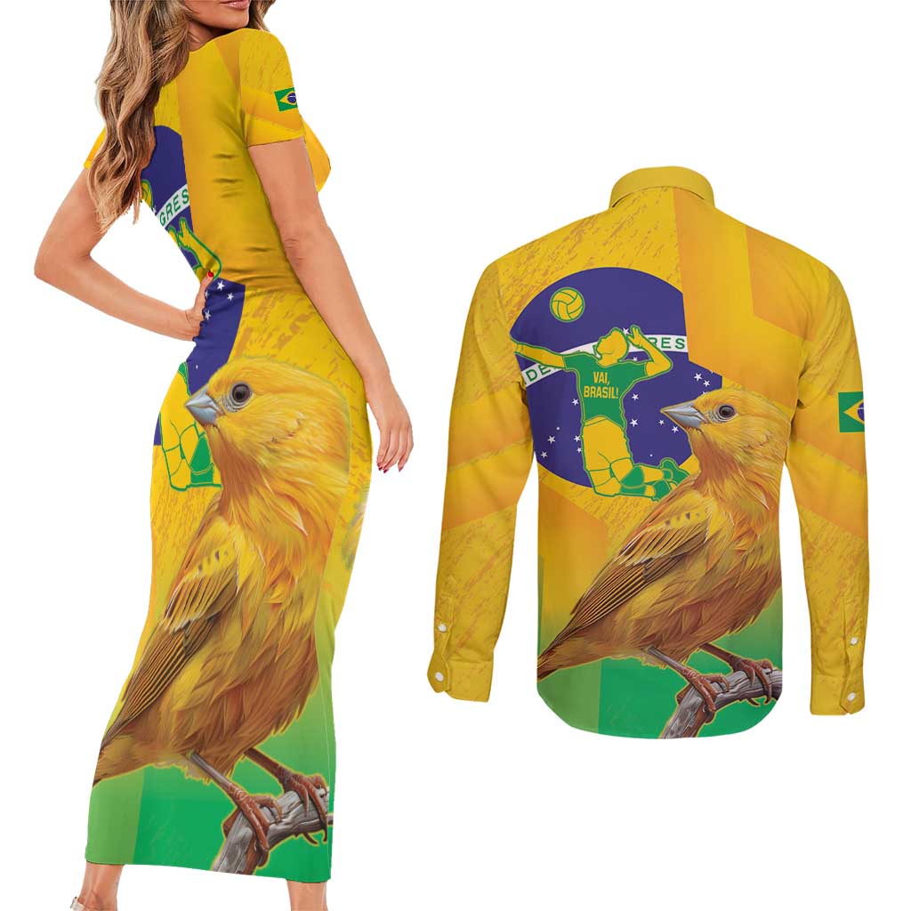 Brasil Volleyball Couples Matching Short Sleeve Bodycon Dress and Long Sleeve Button Shirt Go Champions Canario-da-terra