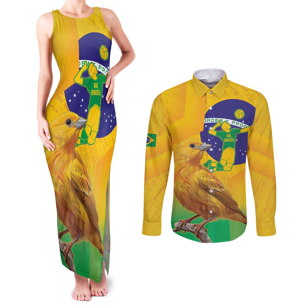 Brasil Volleyball Couples Matching Tank Maxi Dress and Long Sleeve Button Shirt Go Champions Canario-da-terra