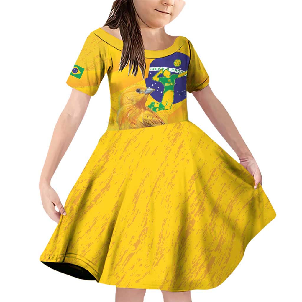 Brasil Volleyball Family Matching Off Shoulder Short Dress and Hawaiian Shirt Go Champions Canario-da-terra