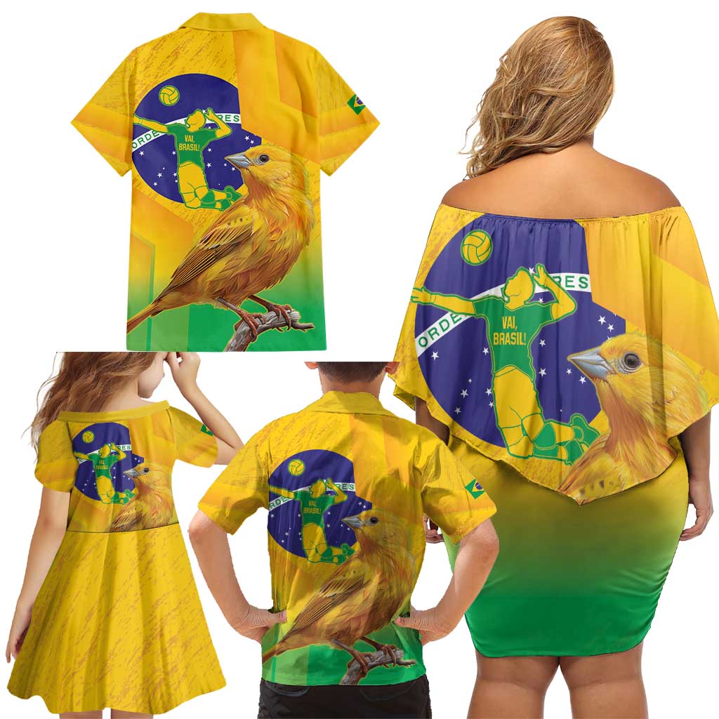 Brasil Volleyball Family Matching Off Shoulder Short Dress and Hawaiian Shirt Go Champions Canario-da-terra