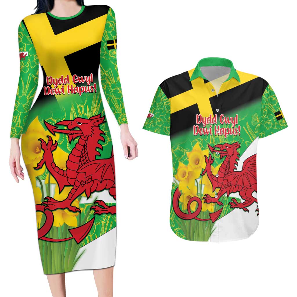 Wales Saint David's Day Couples Matching Long Sleeve Bodycon Dress and Hawaiian Shirt Welsh Dragon Dydd Gwyl Dewi Hapus!