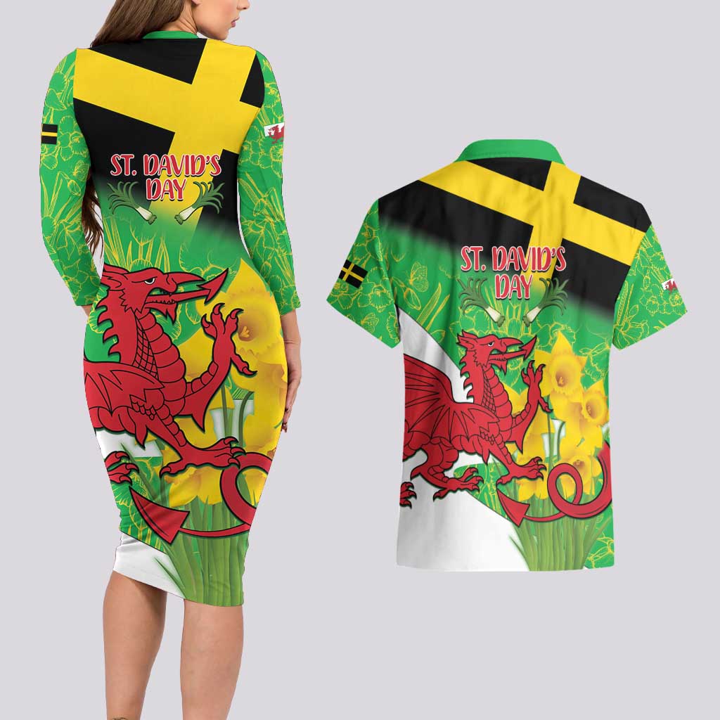 Wales Saint David's Day Couples Matching Long Sleeve Bodycon Dress and Hawaiian Shirt Welsh Dragon Dydd Gwyl Dewi Hapus!