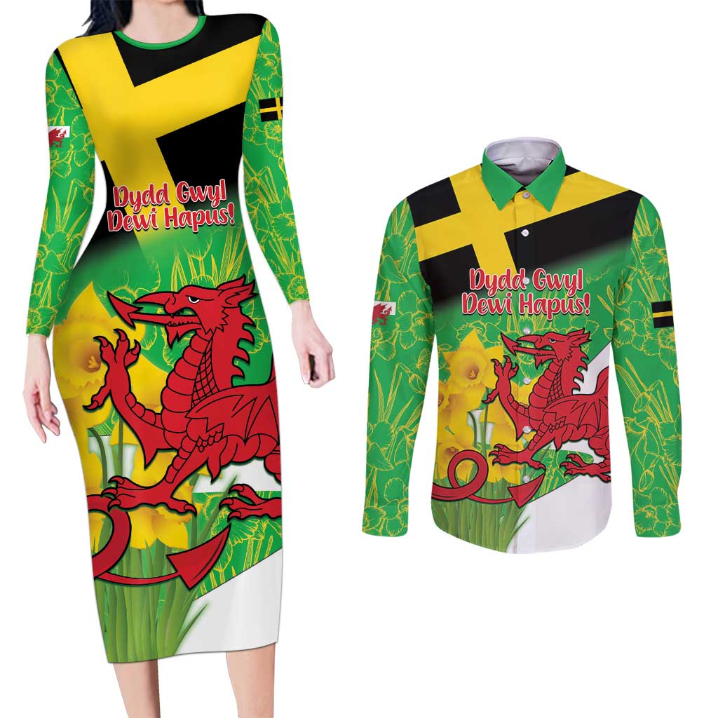 Wales Saint David's Day Couples Matching Long Sleeve Bodycon Dress and Long Sleeve Button Shirt Welsh Dragon Dydd Gwyl Dewi Hapus!