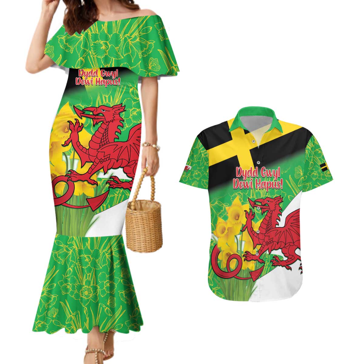 Wales Saint David's Day Couples Matching Mermaid Dress and Hawaiian Shirt Welsh Dragon Dydd Gwyl Dewi Hapus!