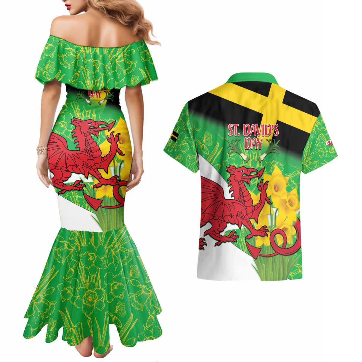 Wales Saint David's Day Couples Matching Mermaid Dress and Hawaiian Shirt Welsh Dragon Dydd Gwyl Dewi Hapus!