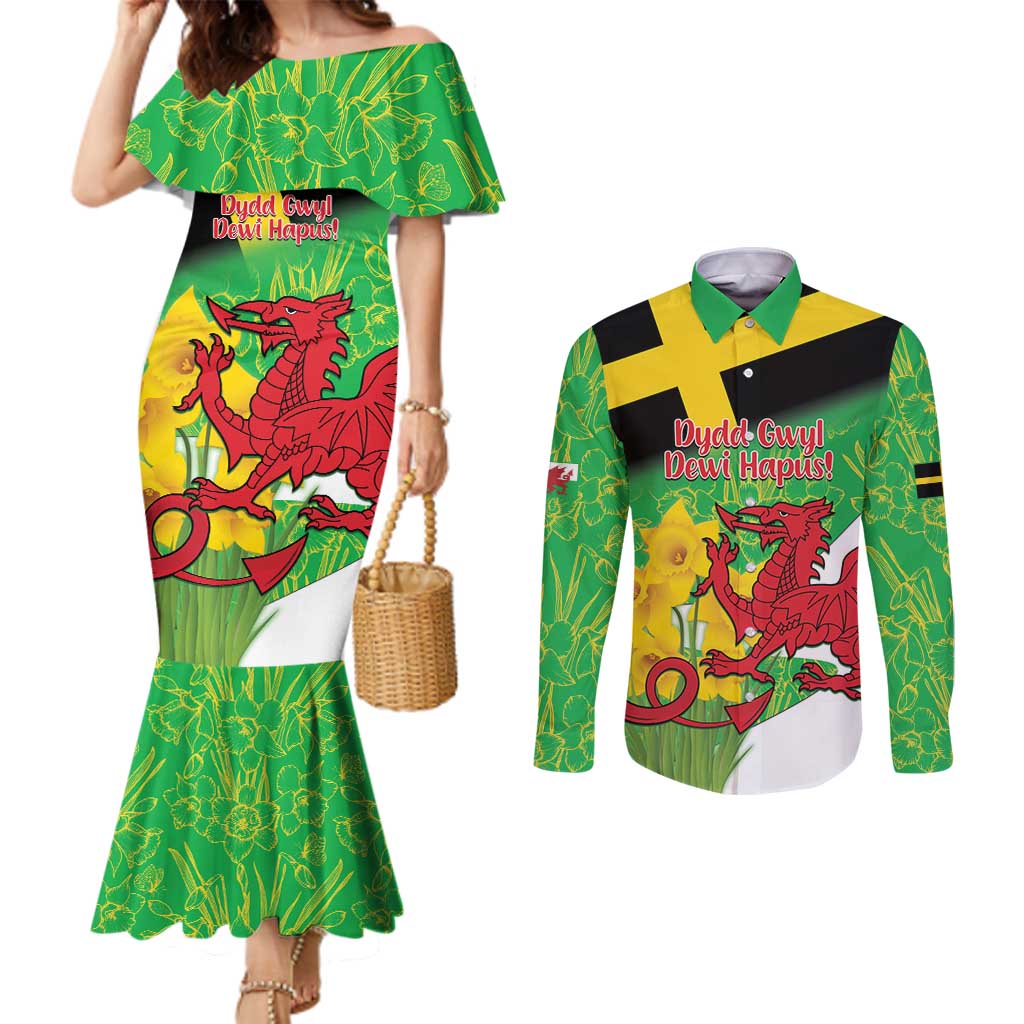 Wales Saint David's Day Couples Matching Mermaid Dress and Long Sleeve Button Shirt Welsh Dragon Dydd Gwyl Dewi Hapus!
