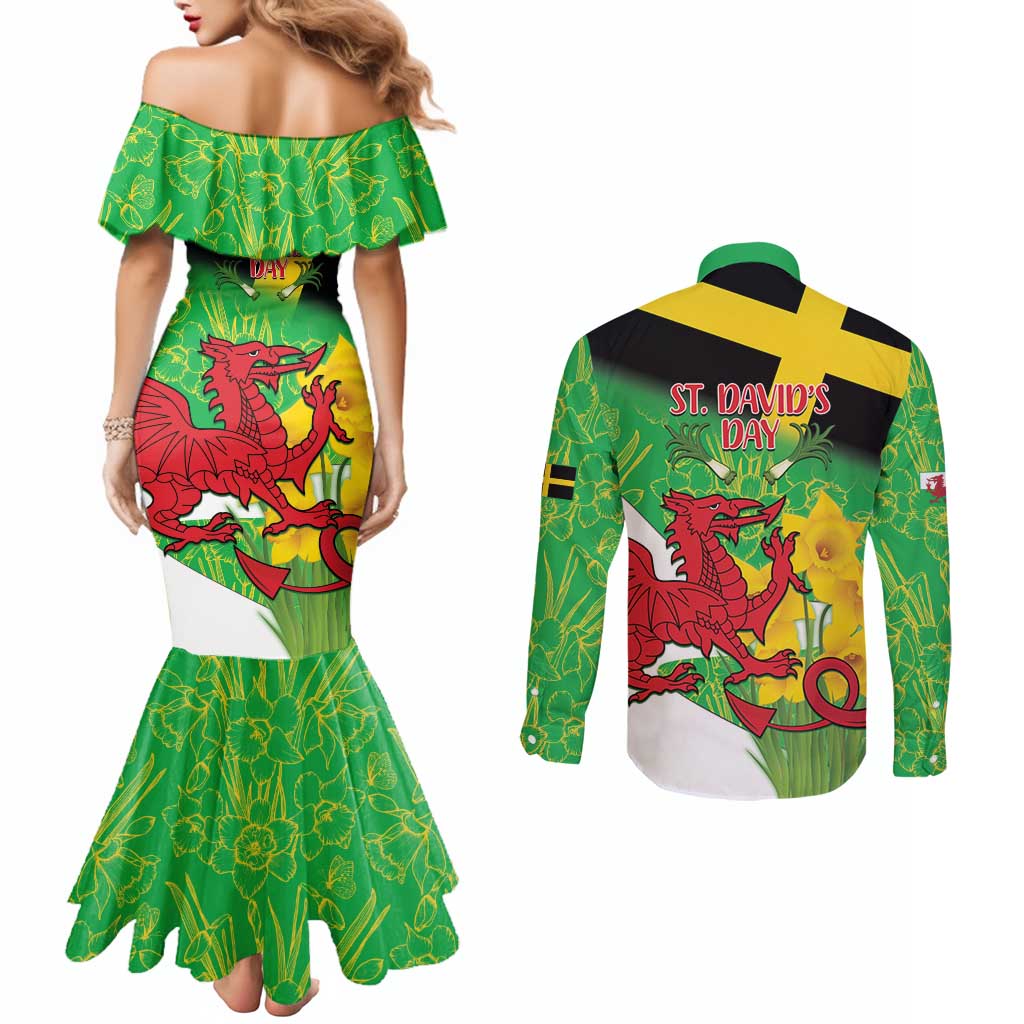 Wales Saint David's Day Couples Matching Mermaid Dress and Long Sleeve Button Shirt Welsh Dragon Dydd Gwyl Dewi Hapus!
