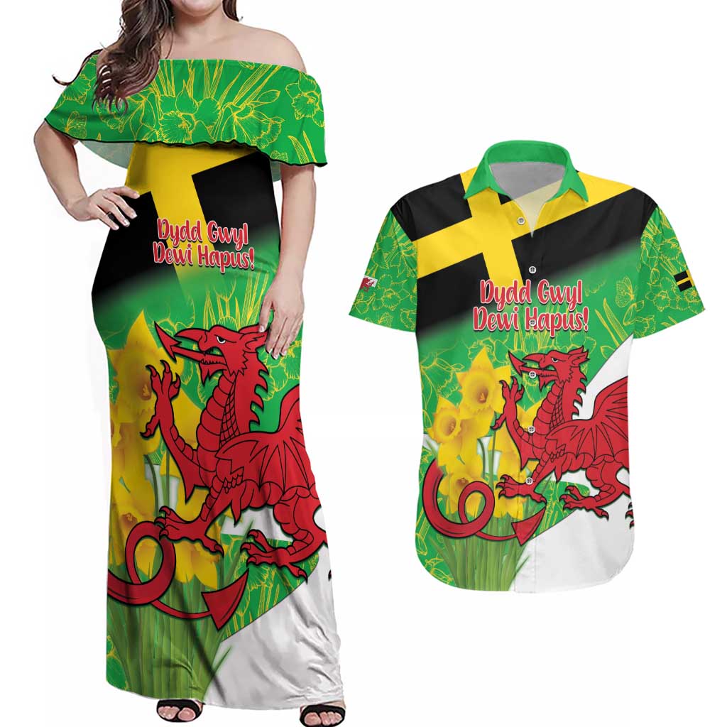 Wales Saint David's Day Couples Matching Off Shoulder Maxi Dress and Hawaiian Shirt Welsh Dragon Dydd Gwyl Dewi Hapus!