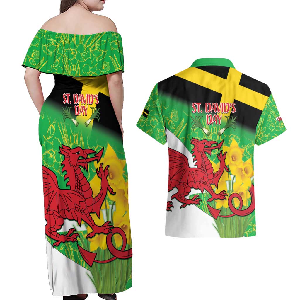 Wales Saint David's Day Couples Matching Off Shoulder Maxi Dress and Hawaiian Shirt Welsh Dragon Dydd Gwyl Dewi Hapus!