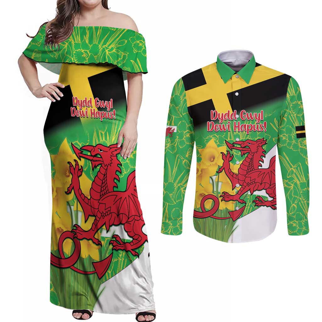 Wales Saint David's Day Couples Matching Off Shoulder Maxi Dress and Long Sleeve Button Shirt Welsh Dragon Dydd Gwyl Dewi Hapus!