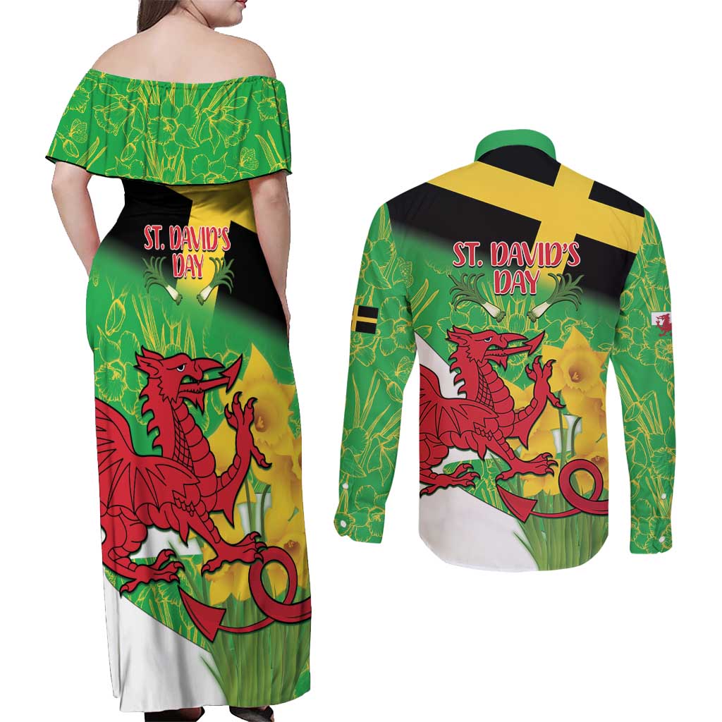 Wales Saint David's Day Couples Matching Off Shoulder Maxi Dress and Long Sleeve Button Shirt Welsh Dragon Dydd Gwyl Dewi Hapus!