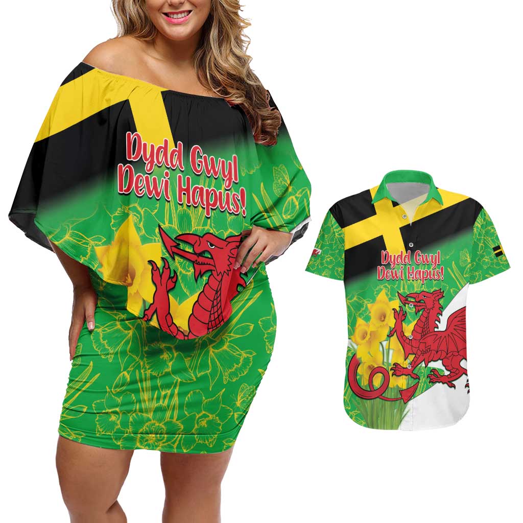 Wales Saint David's Day Couples Matching Off Shoulder Short Dress and Hawaiian Shirt Welsh Dragon Dydd Gwyl Dewi Hapus!