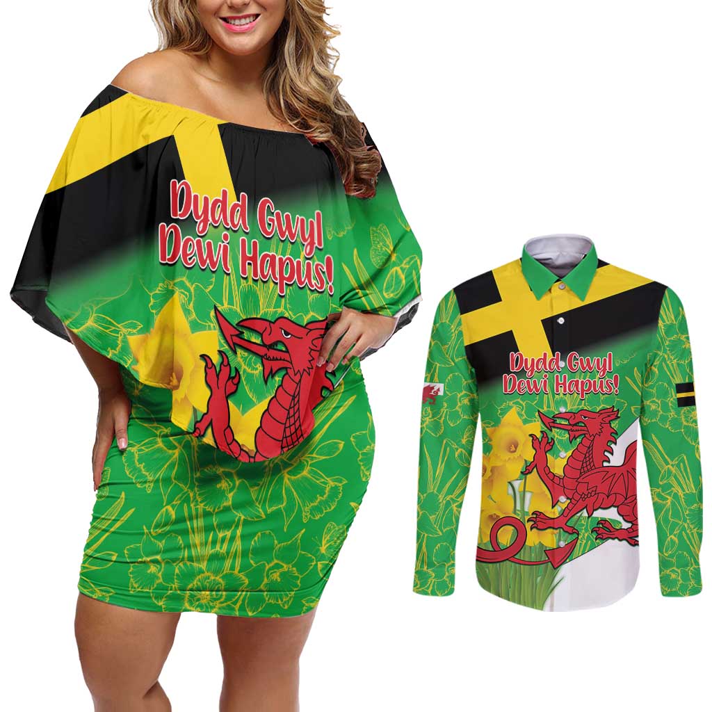 Wales Saint David's Day Couples Matching Off Shoulder Short Dress and Long Sleeve Button Shirt Welsh Dragon Dydd Gwyl Dewi Hapus!