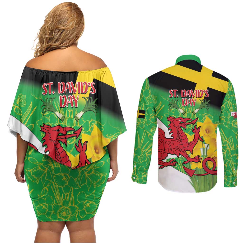 Wales Saint David's Day Couples Matching Off Shoulder Short Dress and Long Sleeve Button Shirt Welsh Dragon Dydd Gwyl Dewi Hapus!