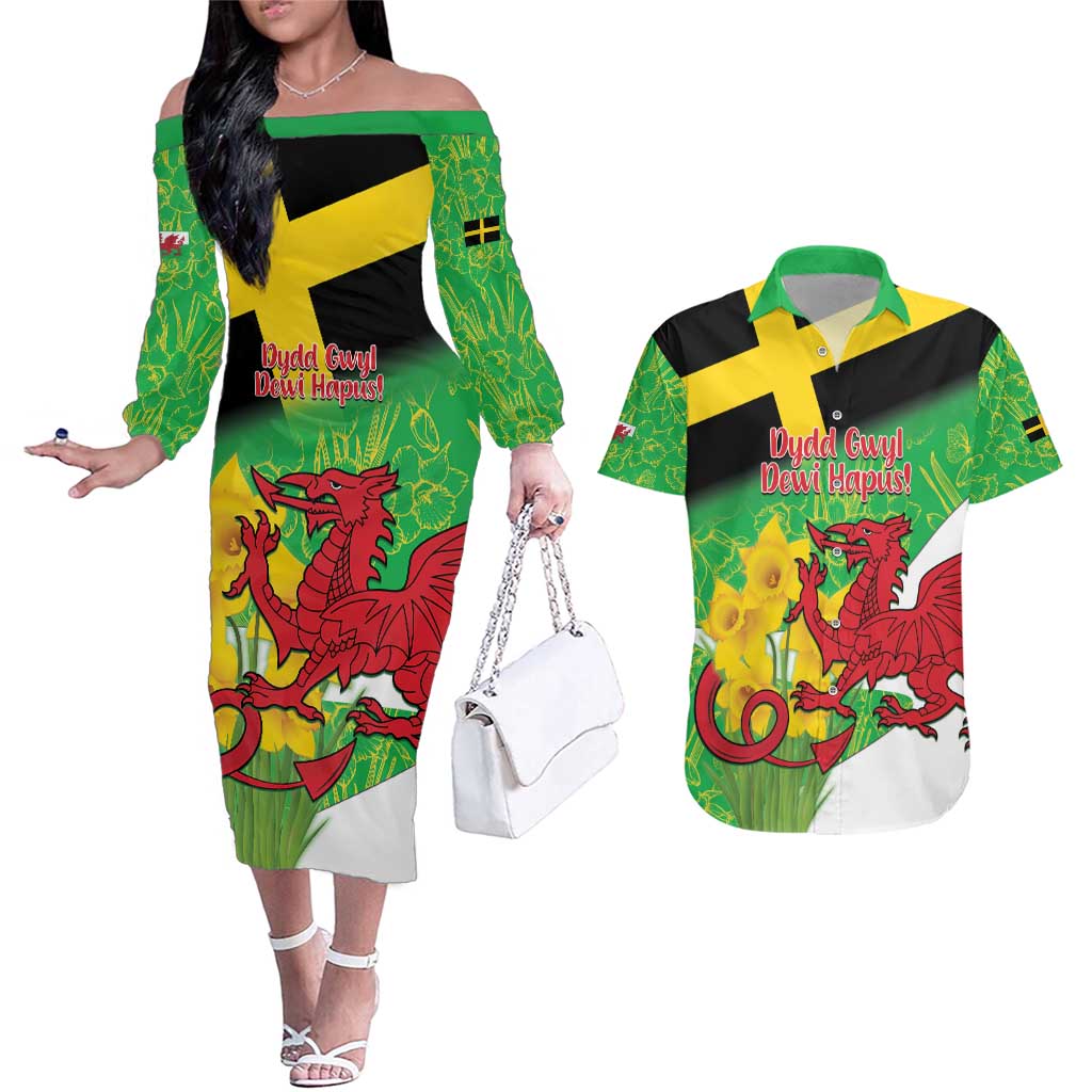 Wales Saint David's Day Couples Matching Off The Shoulder Long Sleeve Dress and Hawaiian Shirt Welsh Dragon Dydd Gwyl Dewi Hapus!