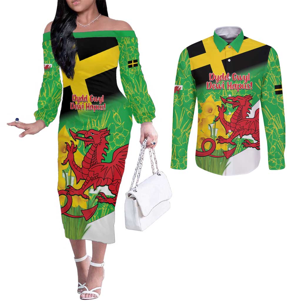 Wales Saint David's Day Couples Matching Off The Shoulder Long Sleeve Dress and Long Sleeve Button Shirt Welsh Dragon Dydd Gwyl Dewi Hapus!