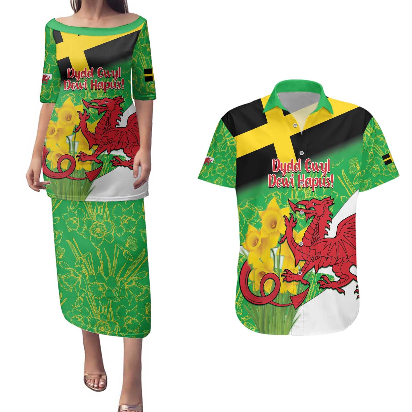 Wales Saint David's Day Couples Matching Puletasi and Hawaiian Shirt Welsh Dragon Dydd Gwyl Dewi Hapus!