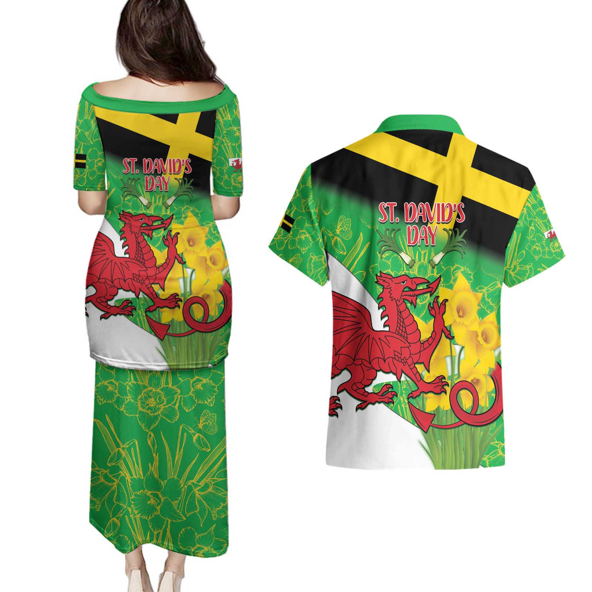Wales Saint David's Day Couples Matching Puletasi and Hawaiian Shirt Welsh Dragon Dydd Gwyl Dewi Hapus!