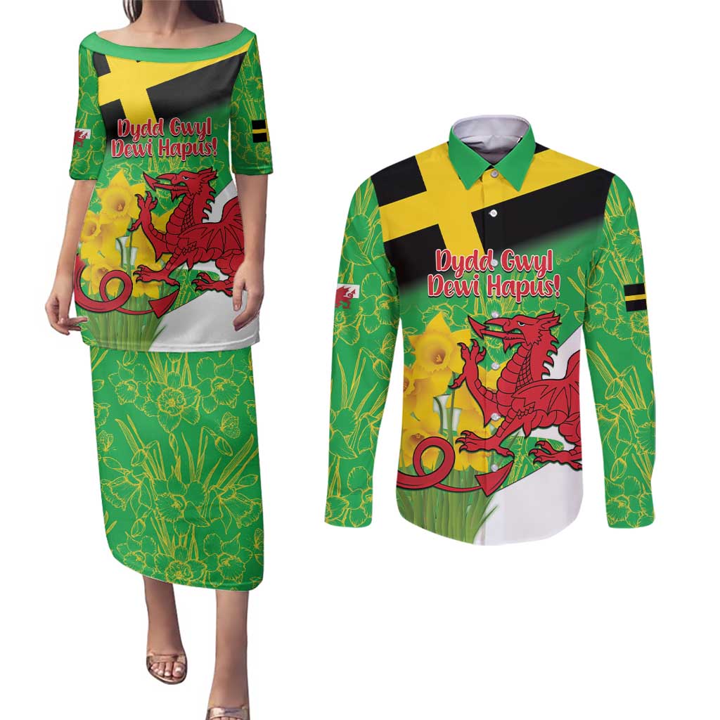 Wales Saint David's Day Couples Matching Puletasi and Long Sleeve Button Shirt Welsh Dragon Dydd Gwyl Dewi Hapus!