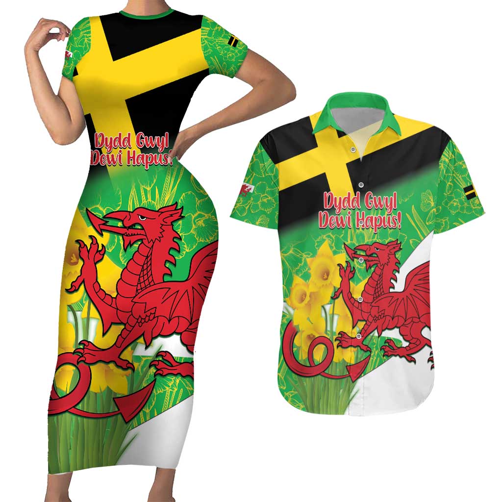 Wales Saint David's Day Couples Matching Short Sleeve Bodycon Dress and Hawaiian Shirt Welsh Dragon Dydd Gwyl Dewi Hapus!
