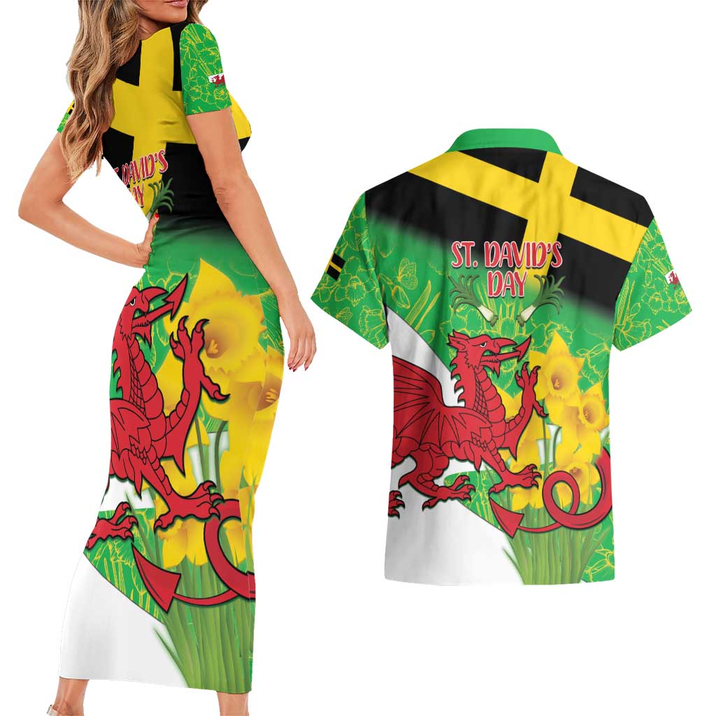 Wales Saint David's Day Couples Matching Short Sleeve Bodycon Dress and Hawaiian Shirt Welsh Dragon Dydd Gwyl Dewi Hapus!