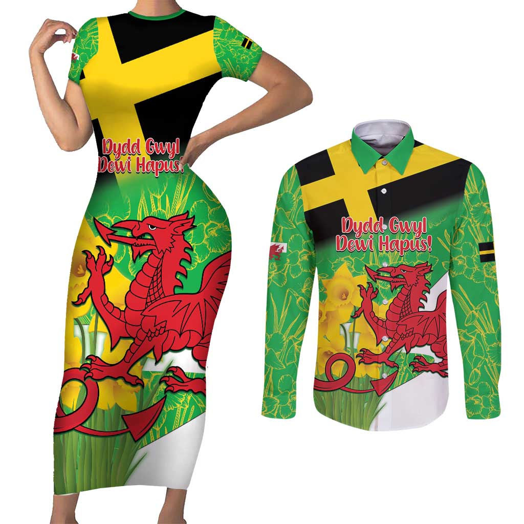 Wales Saint David's Day Couples Matching Short Sleeve Bodycon Dress and Long Sleeve Button Shirt Welsh Dragon Dydd Gwyl Dewi Hapus!