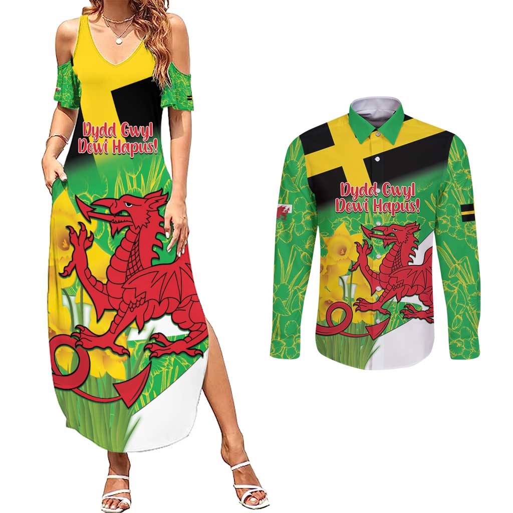 Wales Saint David's Day Couples Matching Summer Maxi Dress and Long Sleeve Button Shirt Welsh Dragon Dydd Gwyl Dewi Hapus!