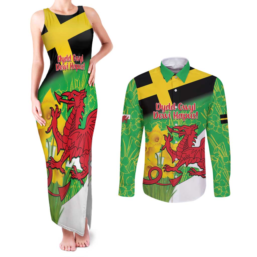 Wales Saint David's Day Couples Matching Tank Maxi Dress and Long Sleeve Button Shirt Welsh Dragon Dydd Gwyl Dewi Hapus!