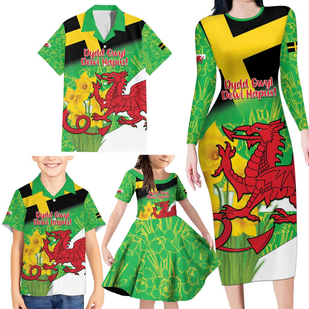 Wales Saint David's Day Family Matching Long Sleeve Bodycon Dress and Hawaiian Shirt Welsh Dragon Dydd Gwyl Dewi Hapus!