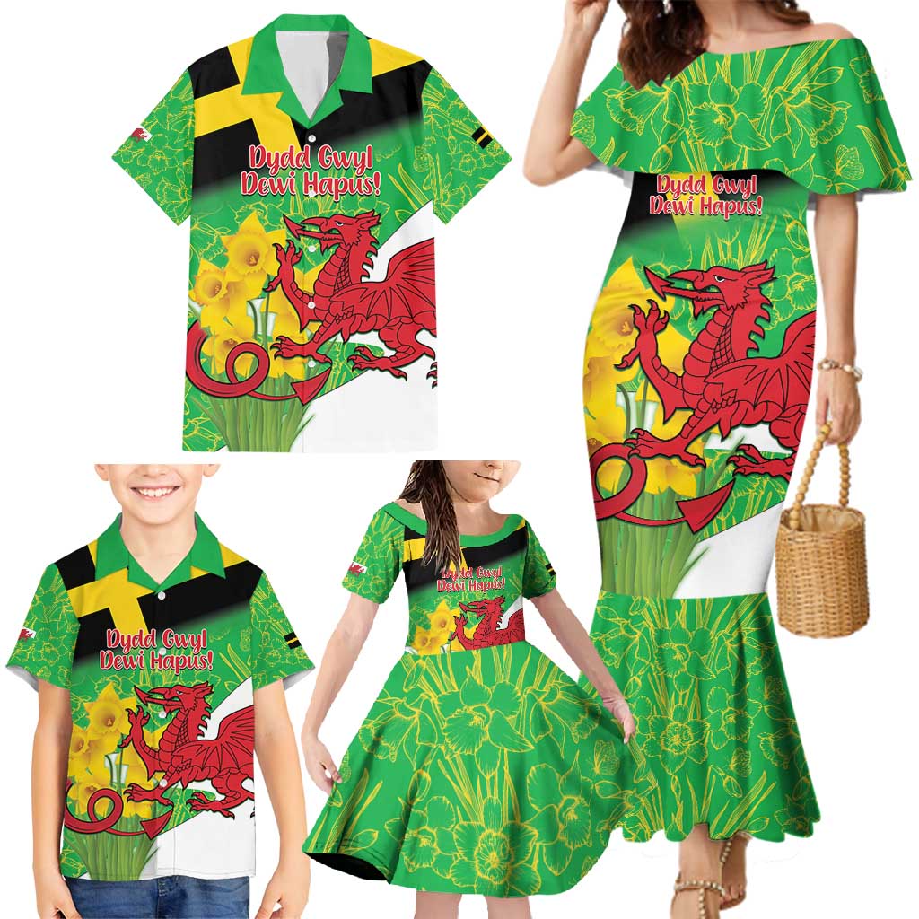Wales Saint David's Day Family Matching Mermaid Dress and Hawaiian Shirt Welsh Dragon Dydd Gwyl Dewi Hapus!