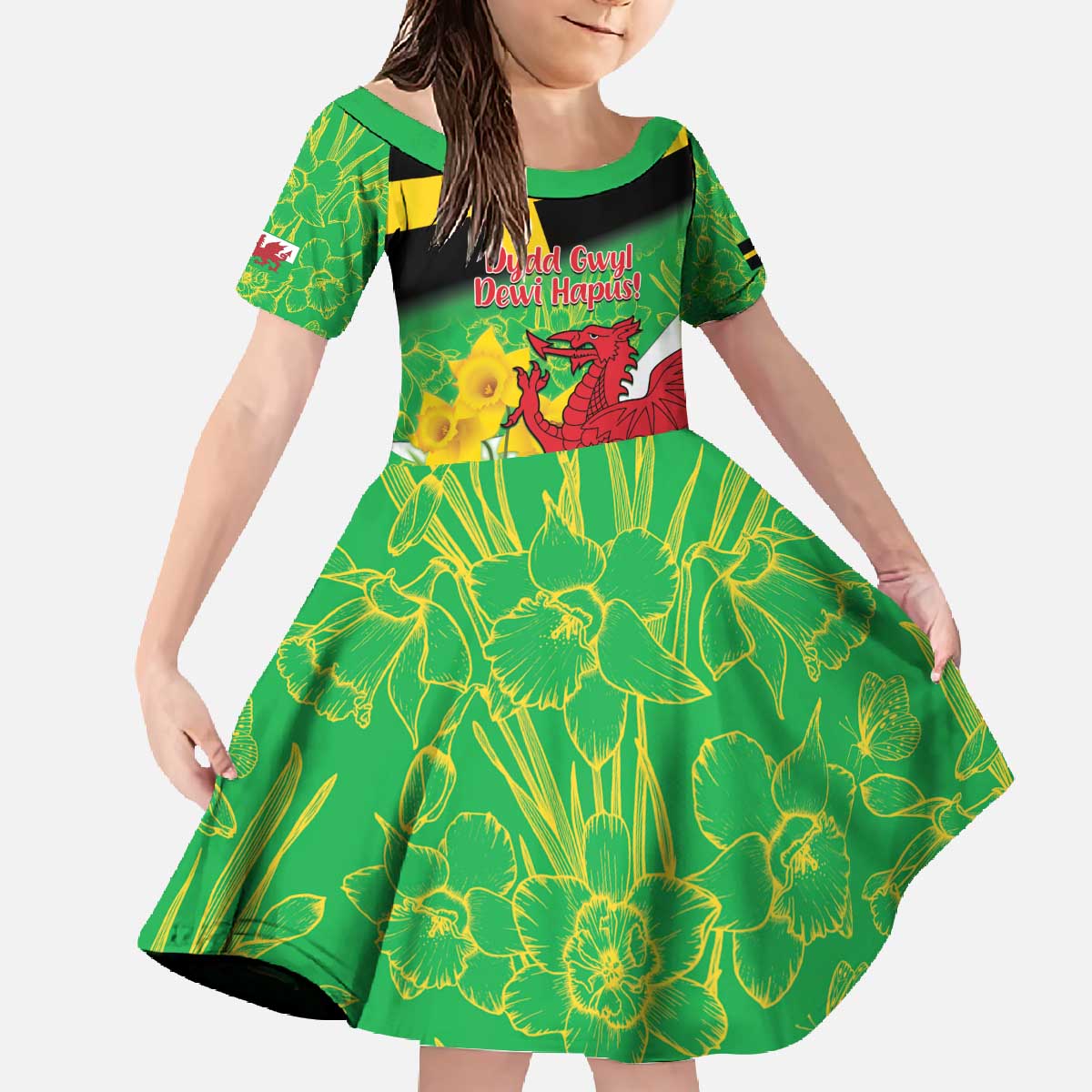 Wales Saint David's Day Family Matching Off The Shoulder Long Sleeve Dress and Hawaiian Shirt Welsh Dragon Dydd Gwyl Dewi Hapus!