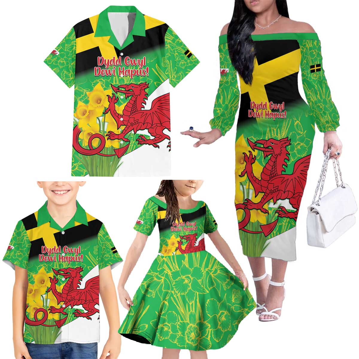 Wales Saint David's Day Family Matching Off The Shoulder Long Sleeve Dress and Hawaiian Shirt Welsh Dragon Dydd Gwyl Dewi Hapus!