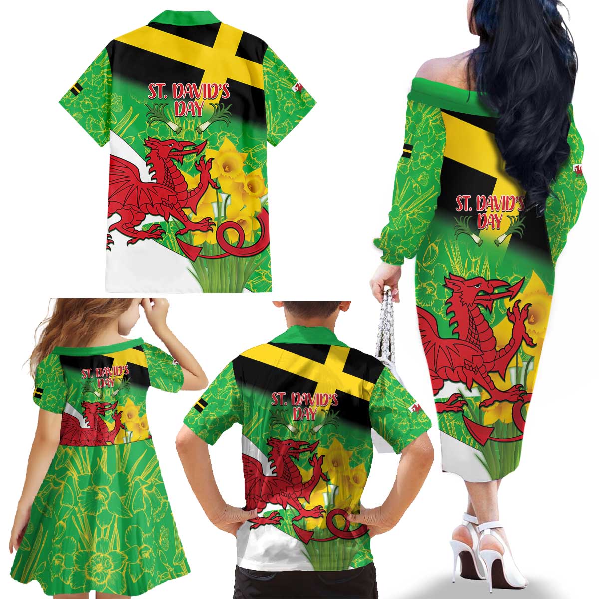 Wales Saint David's Day Family Matching Off The Shoulder Long Sleeve Dress and Hawaiian Shirt Welsh Dragon Dydd Gwyl Dewi Hapus!