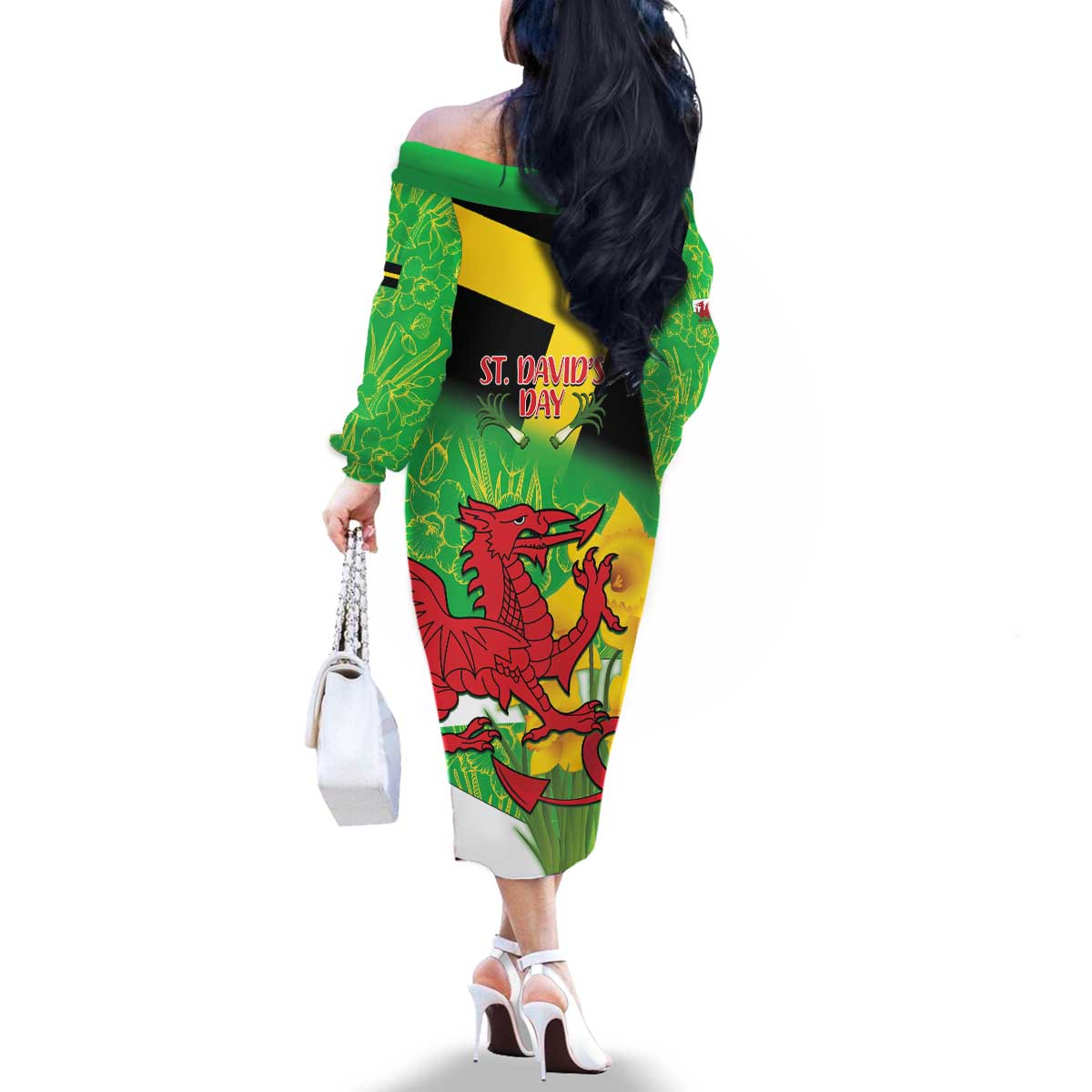 Wales Saint David's Day Family Matching Off The Shoulder Long Sleeve Dress and Hawaiian Shirt Welsh Dragon Dydd Gwyl Dewi Hapus!
