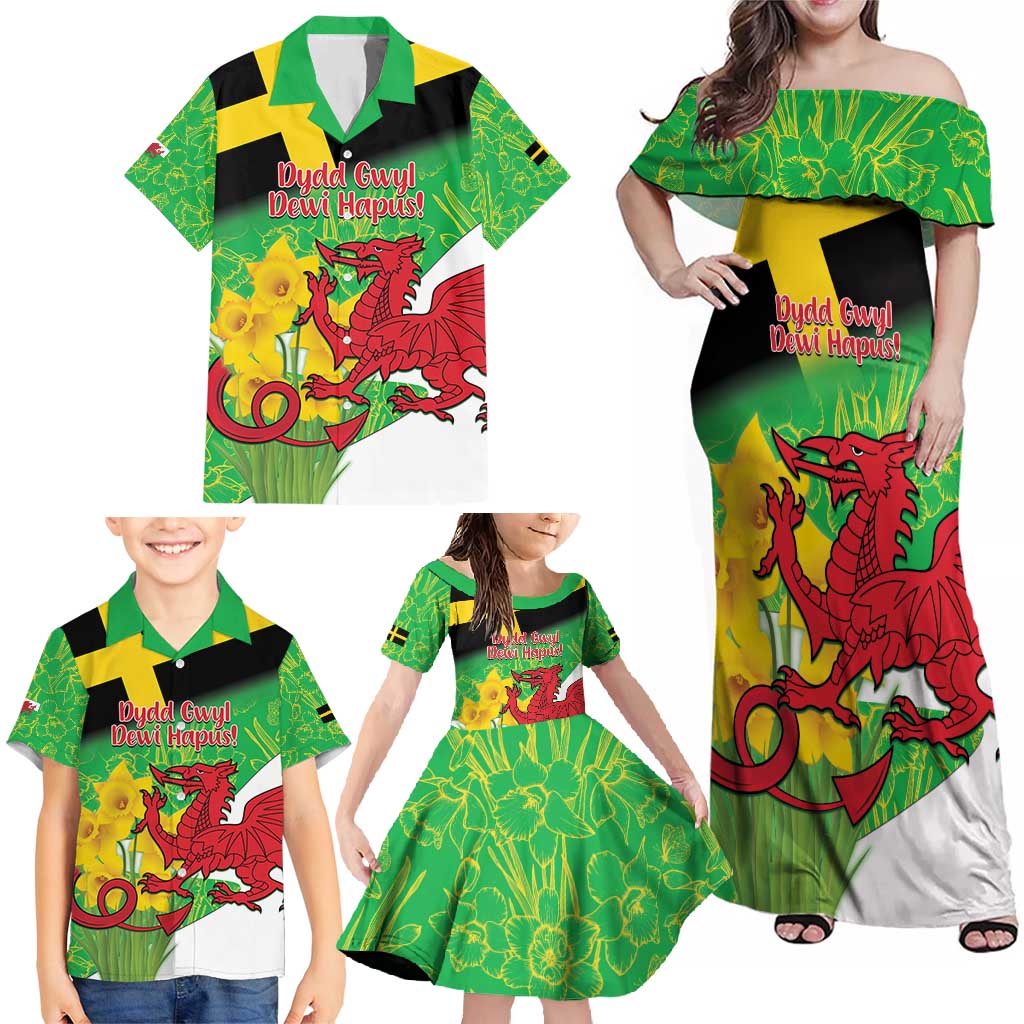 Wales Saint David's Day Family Matching Off Shoulder Maxi Dress and Hawaiian Shirt Welsh Dragon Dydd Gwyl Dewi Hapus!
