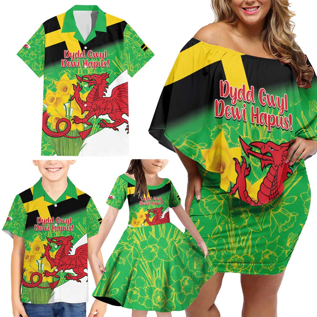 Wales Saint David's Day Family Matching Off Shoulder Short Dress and Hawaiian Shirt Welsh Dragon Dydd Gwyl Dewi Hapus!