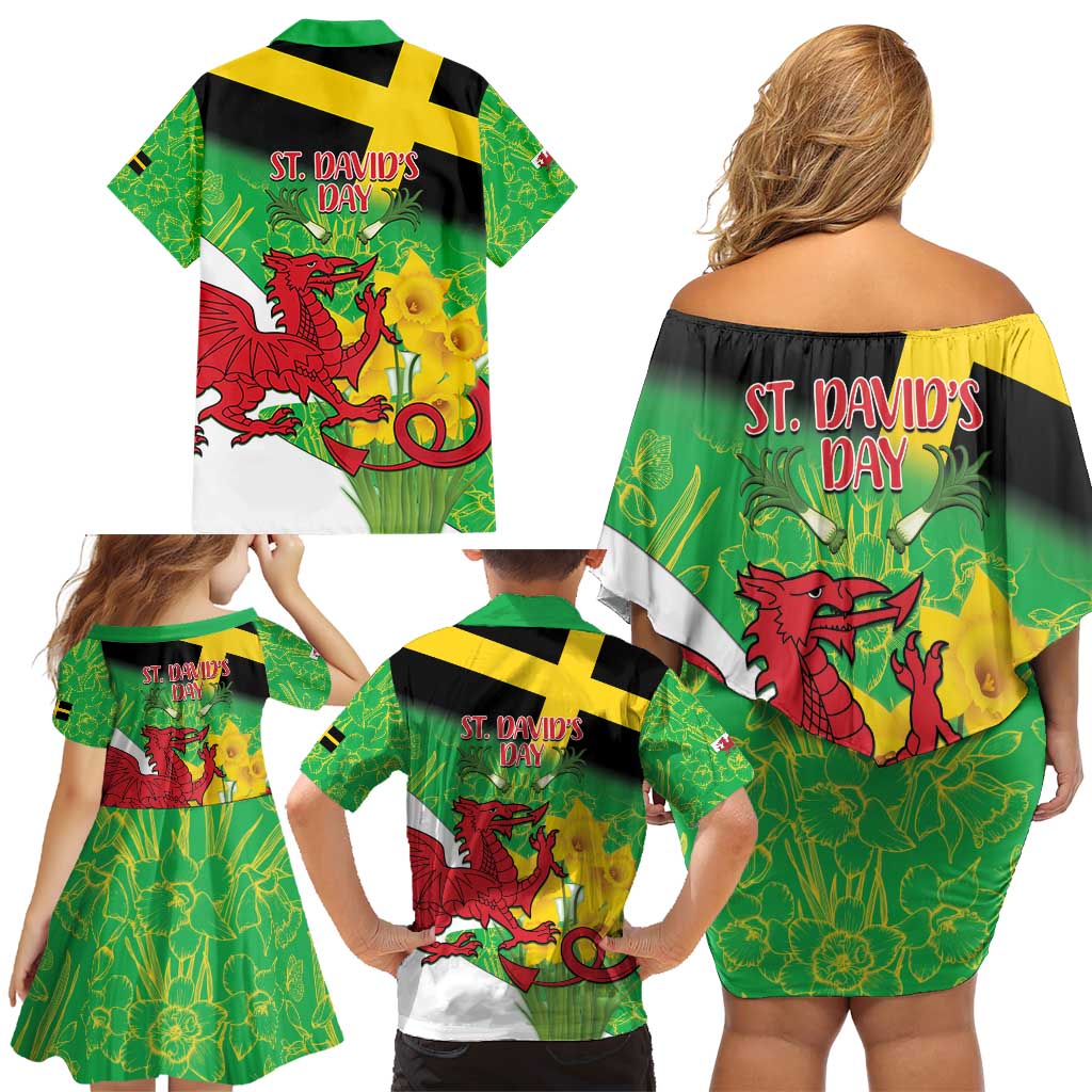 Wales Saint David's Day Family Matching Off Shoulder Short Dress and Hawaiian Shirt Welsh Dragon Dydd Gwyl Dewi Hapus!
